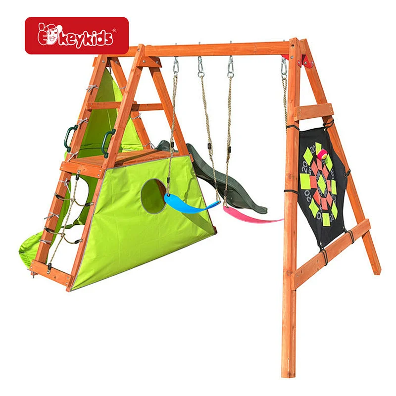 Kids Backyard Playground Wooden Garden Swing with Climbing Net W01D280