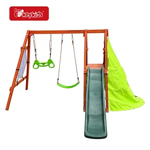 Kids Backyard Playground Wooden Garden Swing with Climbing Net W01D280
