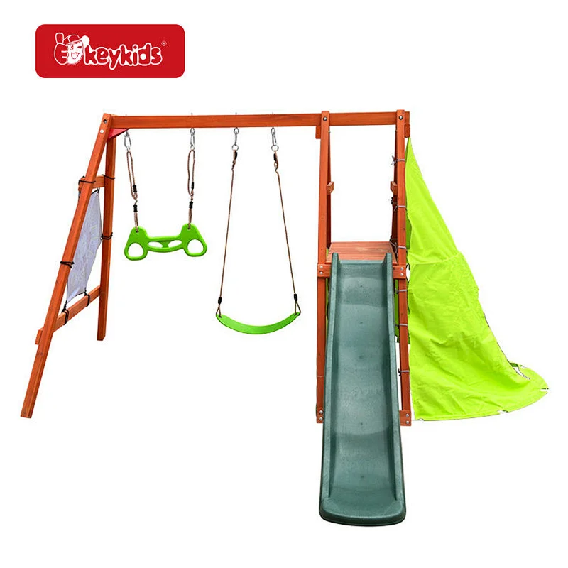 Kids Backyard Playground Wooden Garden Swing with Climbing Net W01D280
