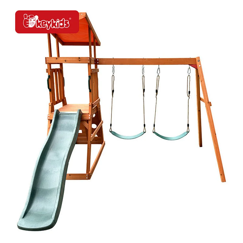 Kids Backyard Playground Wooden Garden Swing with Climbing Net W01D280